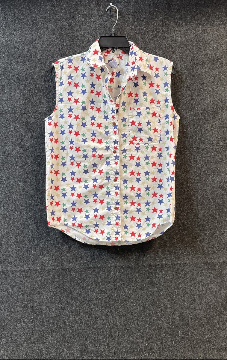 FTNY Women's Sleeveless Button Down Shirt White Multicolor Star Print Sz 14