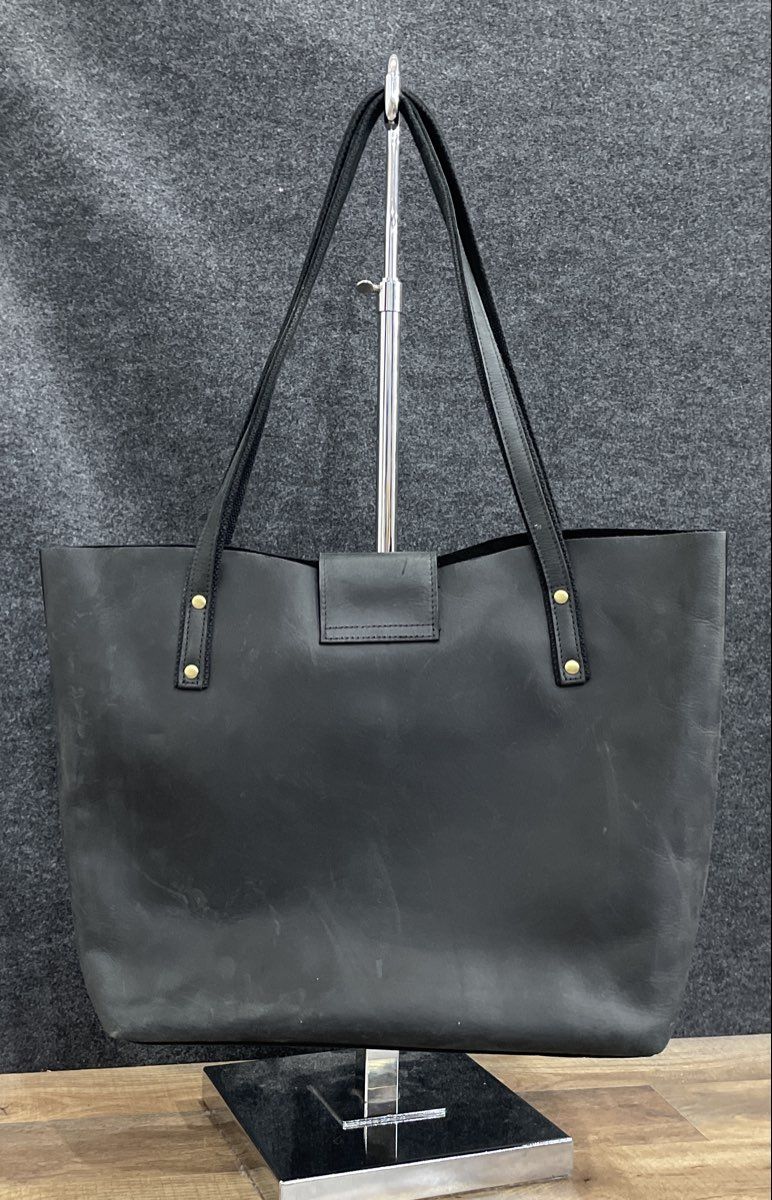 Black Leather Large Tote Bag Brass Hardware Magnetic Flap Handbag
