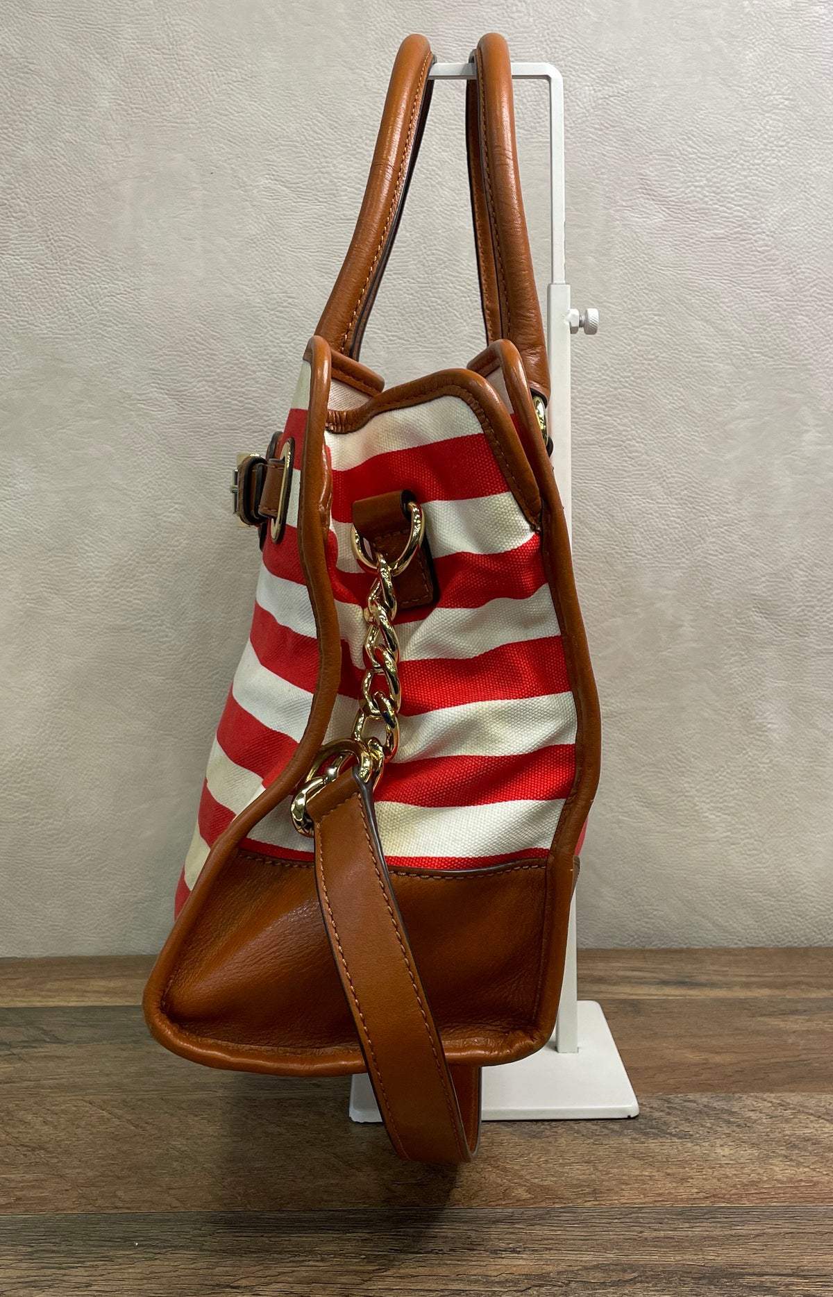 Michael Kors Red White Striped Canvas Leather Tote Satchel Bag Gold Hardware
