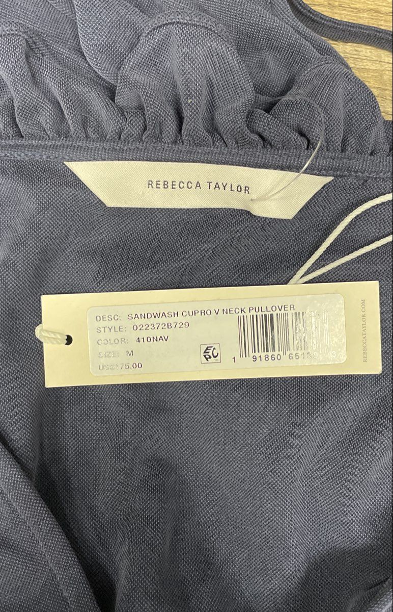 Rebecca Taylor Women's Navy Sandwash Cupro V-Neck Ruffle Pullover Sz M NWT