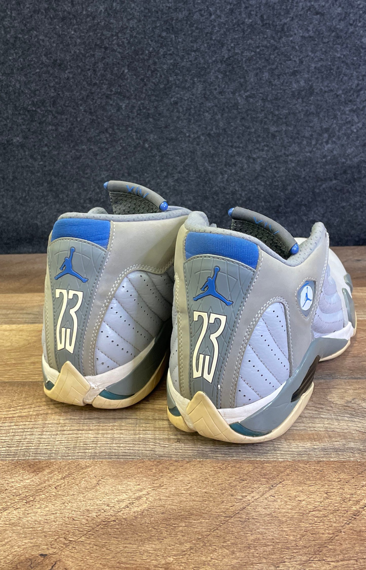 Nike Air Jordan 14 Retro Wolf Grey Sport Blue Basketball Shoes Size 9.5