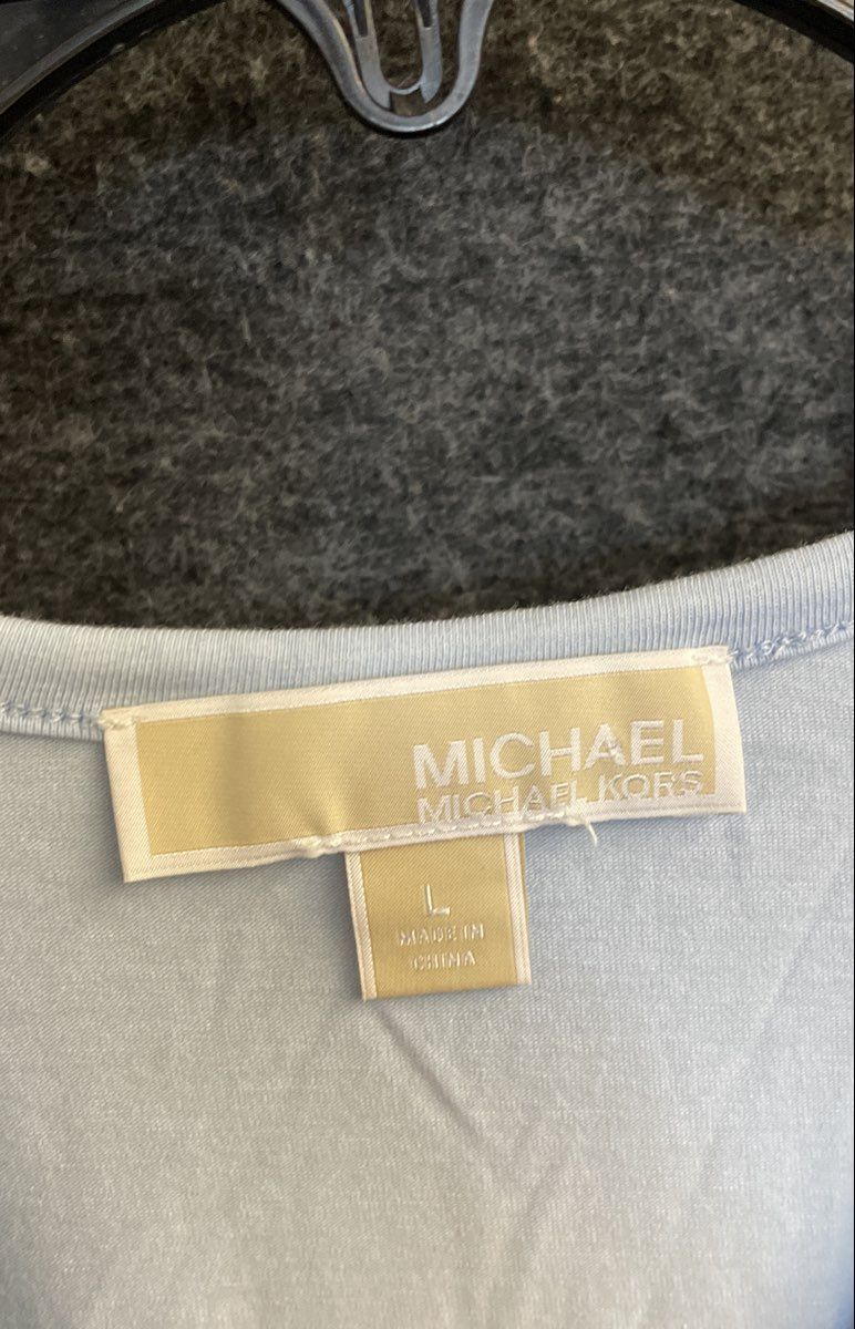 Michael Kors Women's Light Blue Rhinestone Logo Lace Up Shoulder Top Sz L