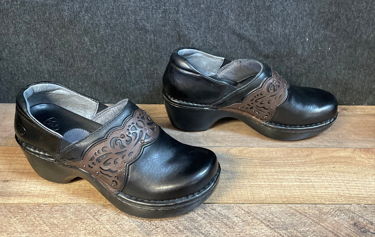 Ariat Black Brown Leather Laser Cut Floral Slip-On Clogs Women's Size 7B