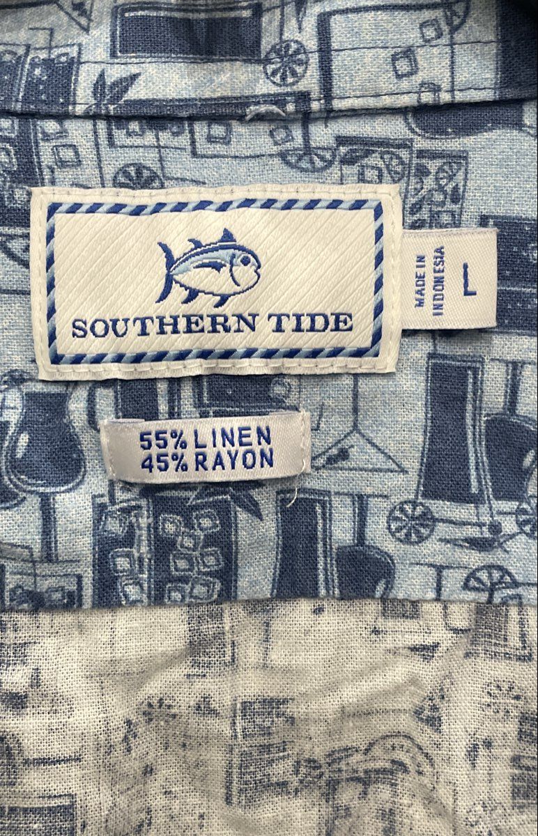 Southern Tide Men's Blue Cocktail Drink Print Linen Rayon Button Up Shirt Sz L