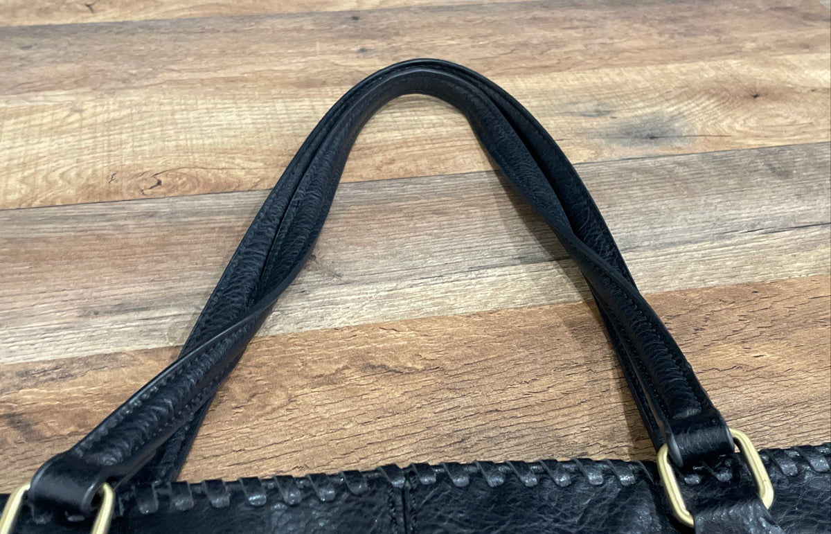 Antik Kraft Black Leather Large Tote Shoulder Bag Whipstitch Animal Print