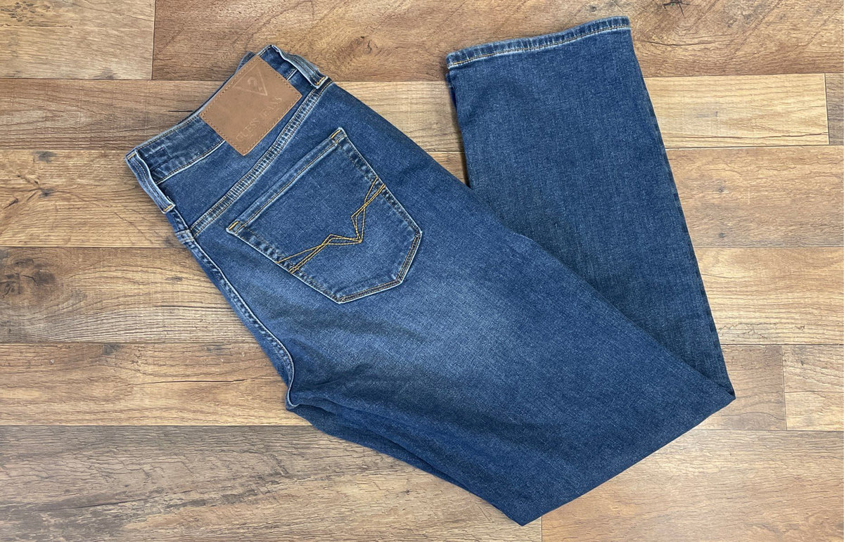 Guess Men's Desmond Tapered Jeans Medium Wash Blue Whiskered Stretch Sz 30
