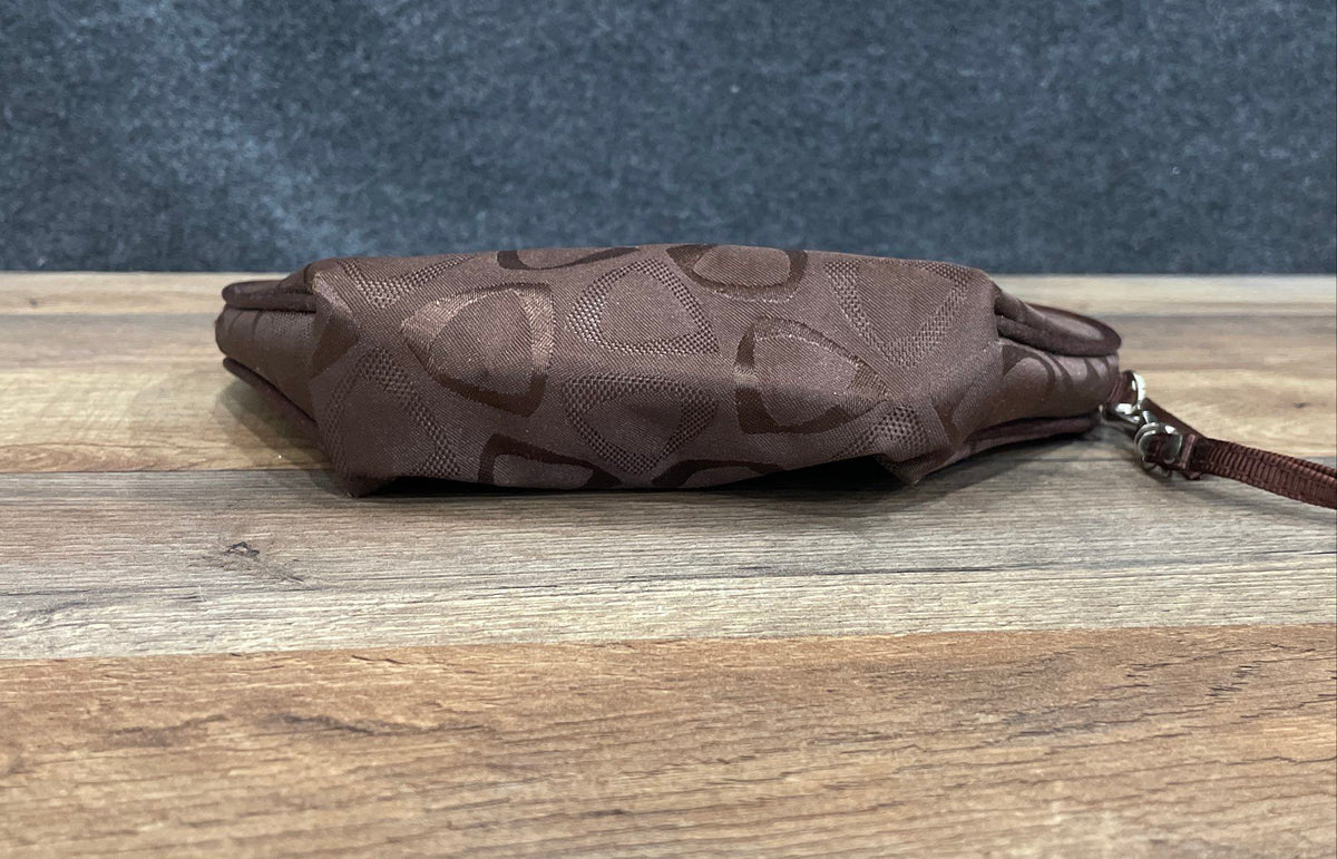 Liz Claiborne Brown Fabric Geometric Pattern Bow Wristlet Pouch Money Bag
