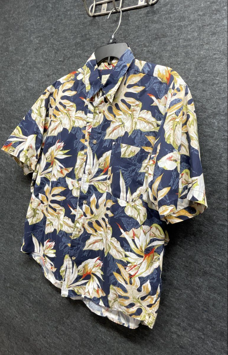 Vintage Y2K Crossings Men's Navy Blue Floral Bird of Paradise Cotton Shirt Sz L