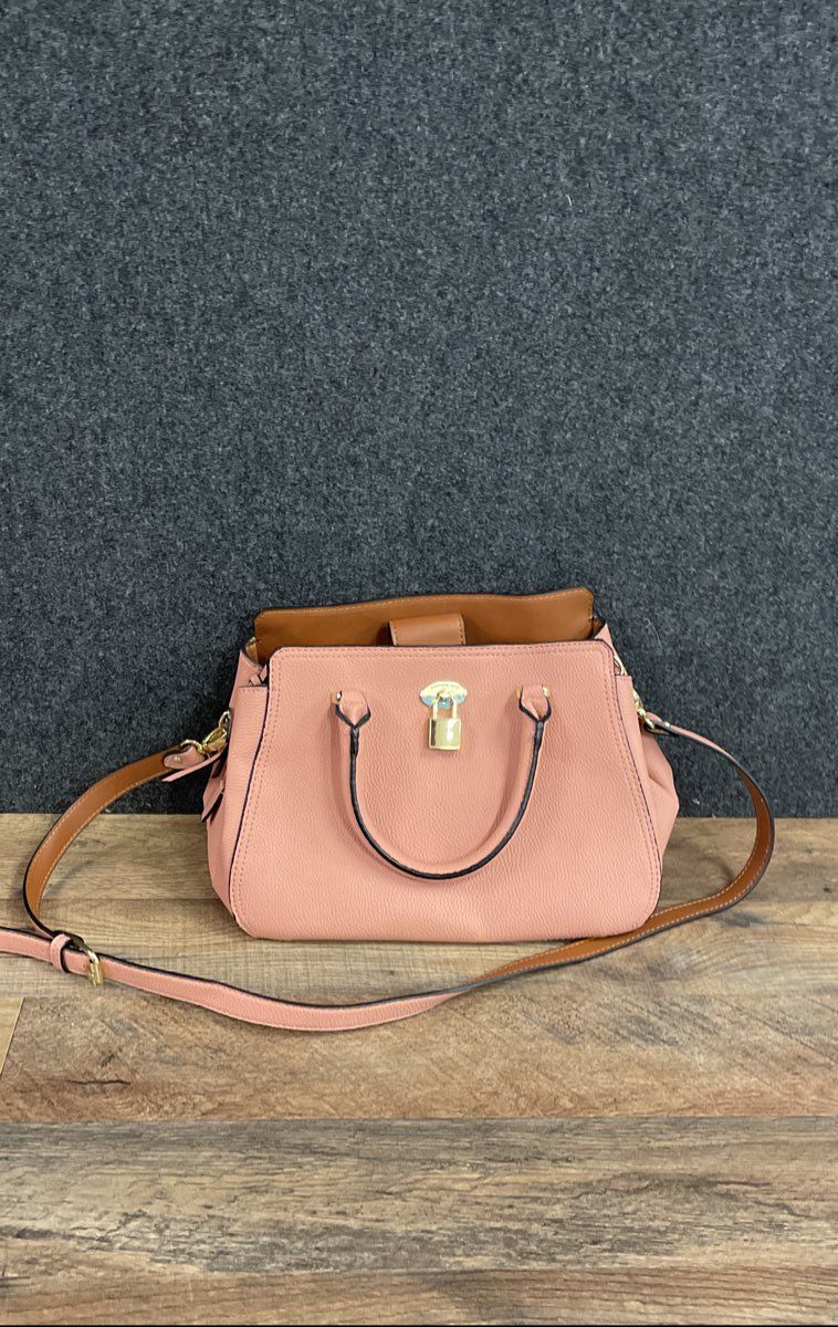 London Fog Pink Pebbled Faux Leather Satchel Handbag Crossbody Gold Hardware
