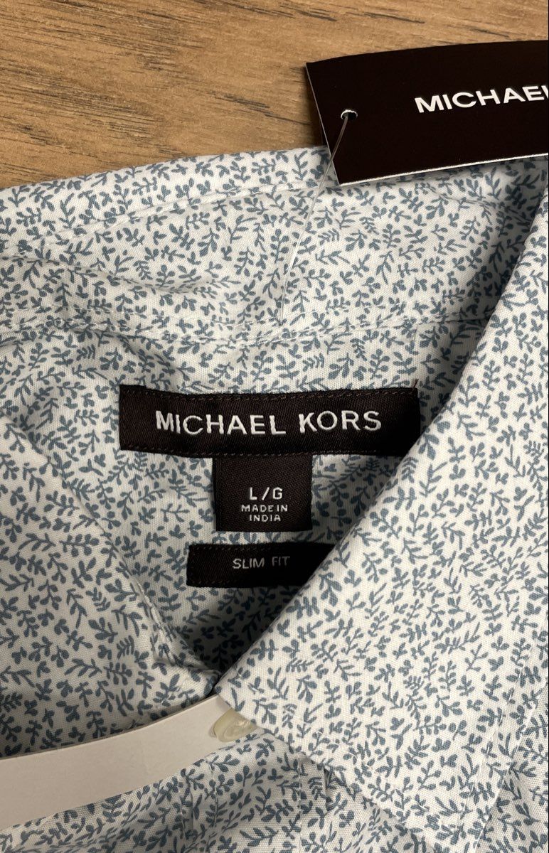 Michael Kors Men's Short Sleeve Button Up Shirt White Blue Floral Slim Fit Sz L