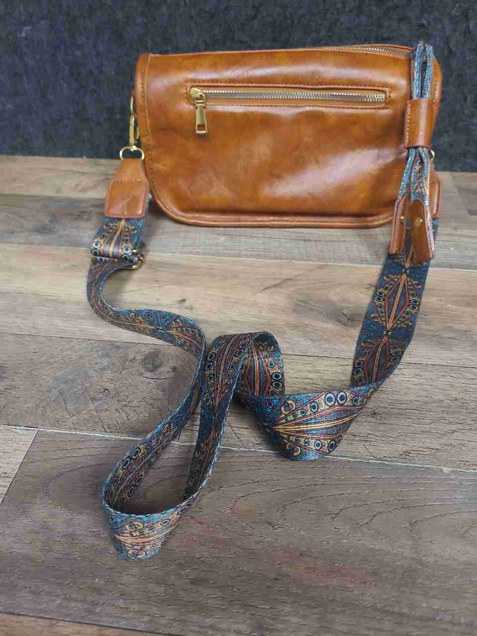 Tan Faux Leather Crossbody Bag with Colorful Patterned Guitar Strap Gold Tone