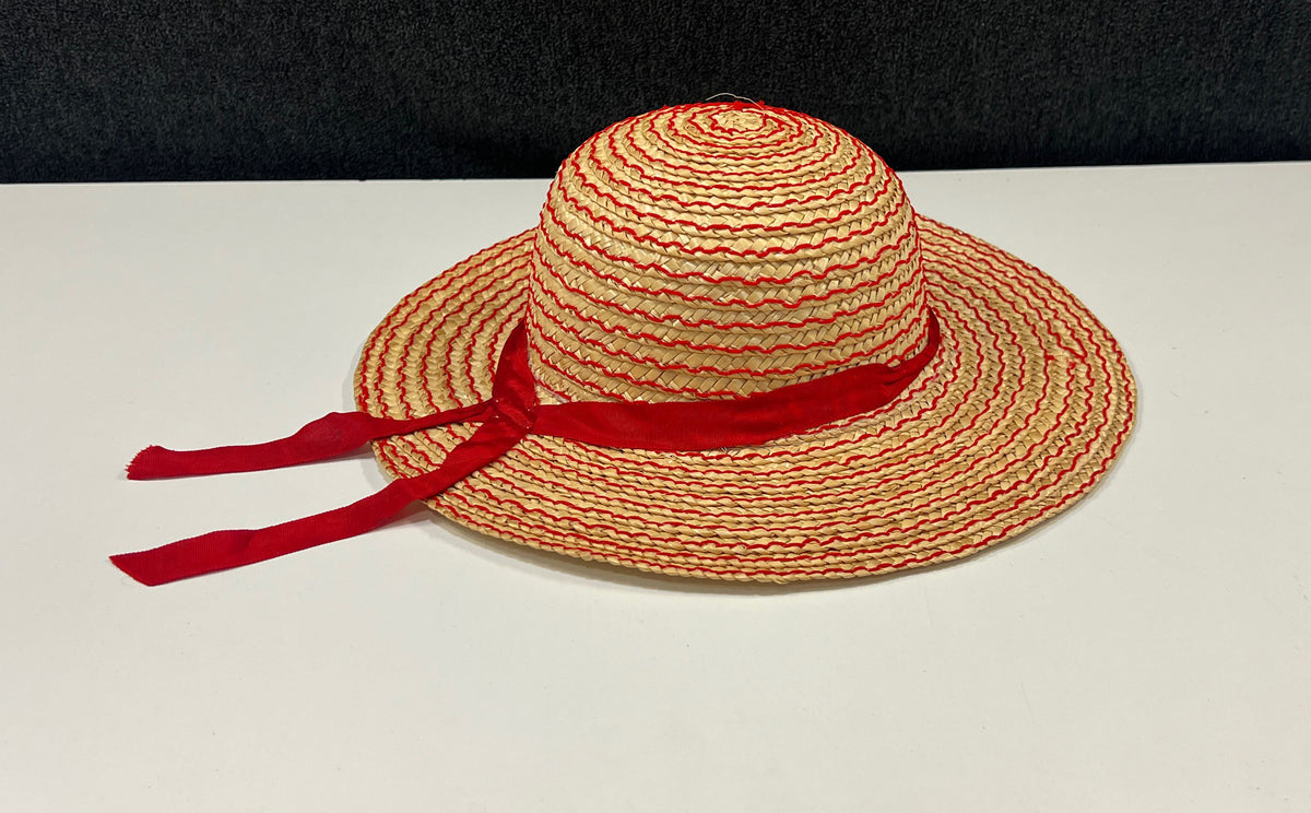 Vintage 80s Woven Straw Sun Hat Red Stitched Detail Wide Brim Ribbon Sz OS