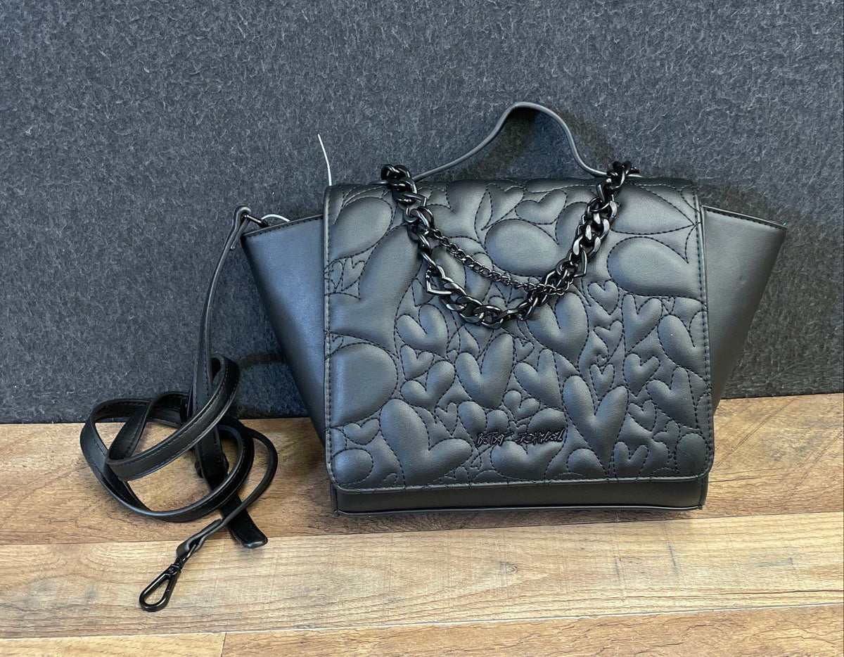 Betsey Johnson Black Quilted Heart Satchel Crossbody Handbag Black Chain Accent