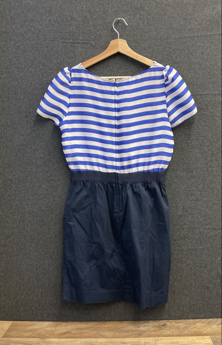 Mango Women's Semi-Sheer Striped Dress Navy Blue Cotton Blend Skirt Pockets Sz 6