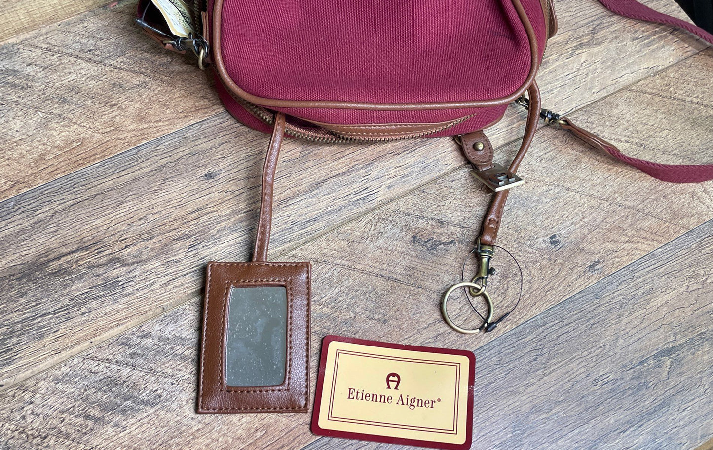 Etienne Aigner Burgundy Canvas Brown Trim Shoulder Crossbody Bag NWT