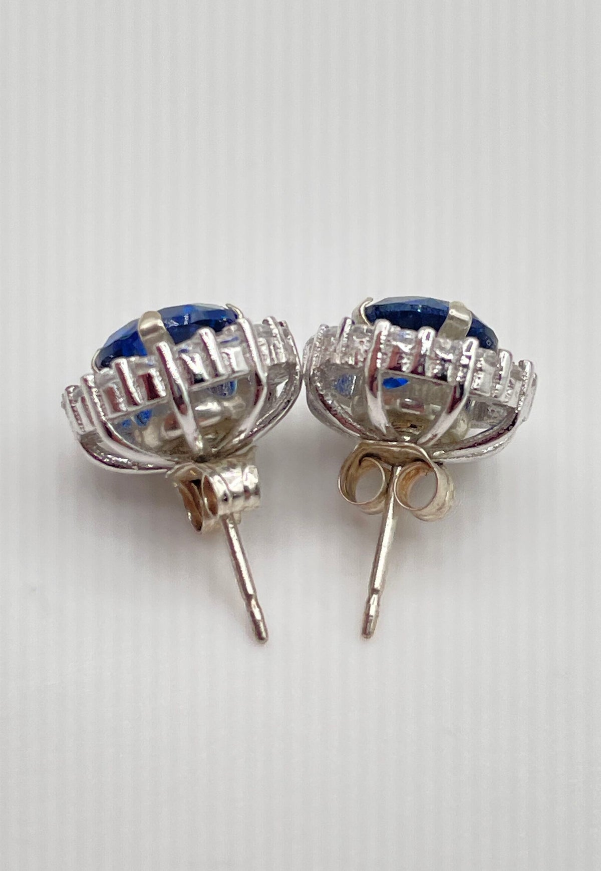 925 Sterling Blue Sapphire Stud Earrings & CZ Earring Jackets (Missing Stone) 2g