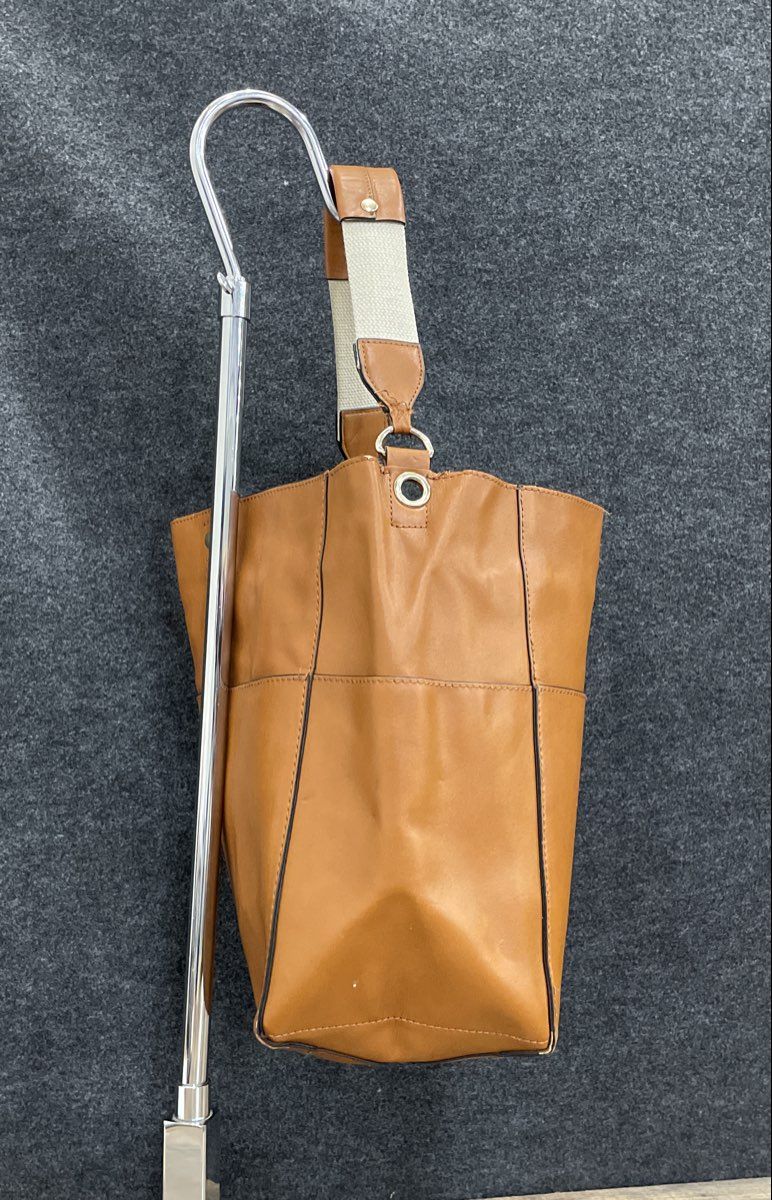 Large Brown Leather Hobo Tote Bag Woven Canvas Strap Gold Tone Hardware