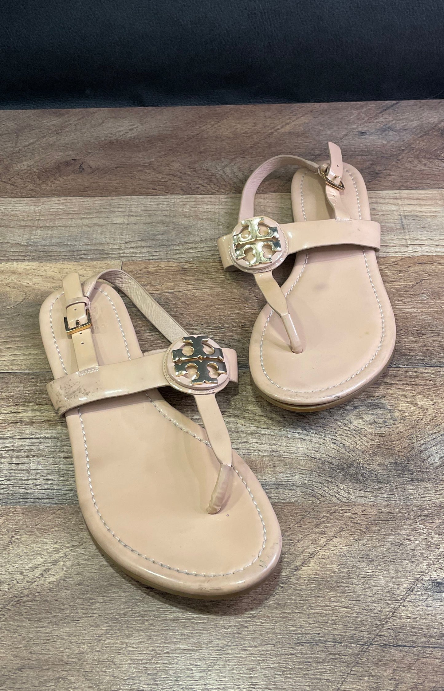 Tory Burch Miller Nude Patent Leather Slingback Thong Sandals Women's Size 8