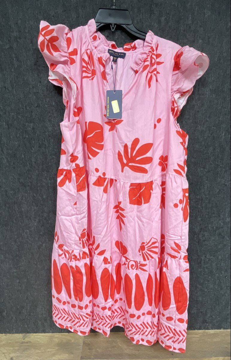 Skies Are Blue Curvy Women's Pink Red Tropical Floral Tiered Midi Dress NWT 1X