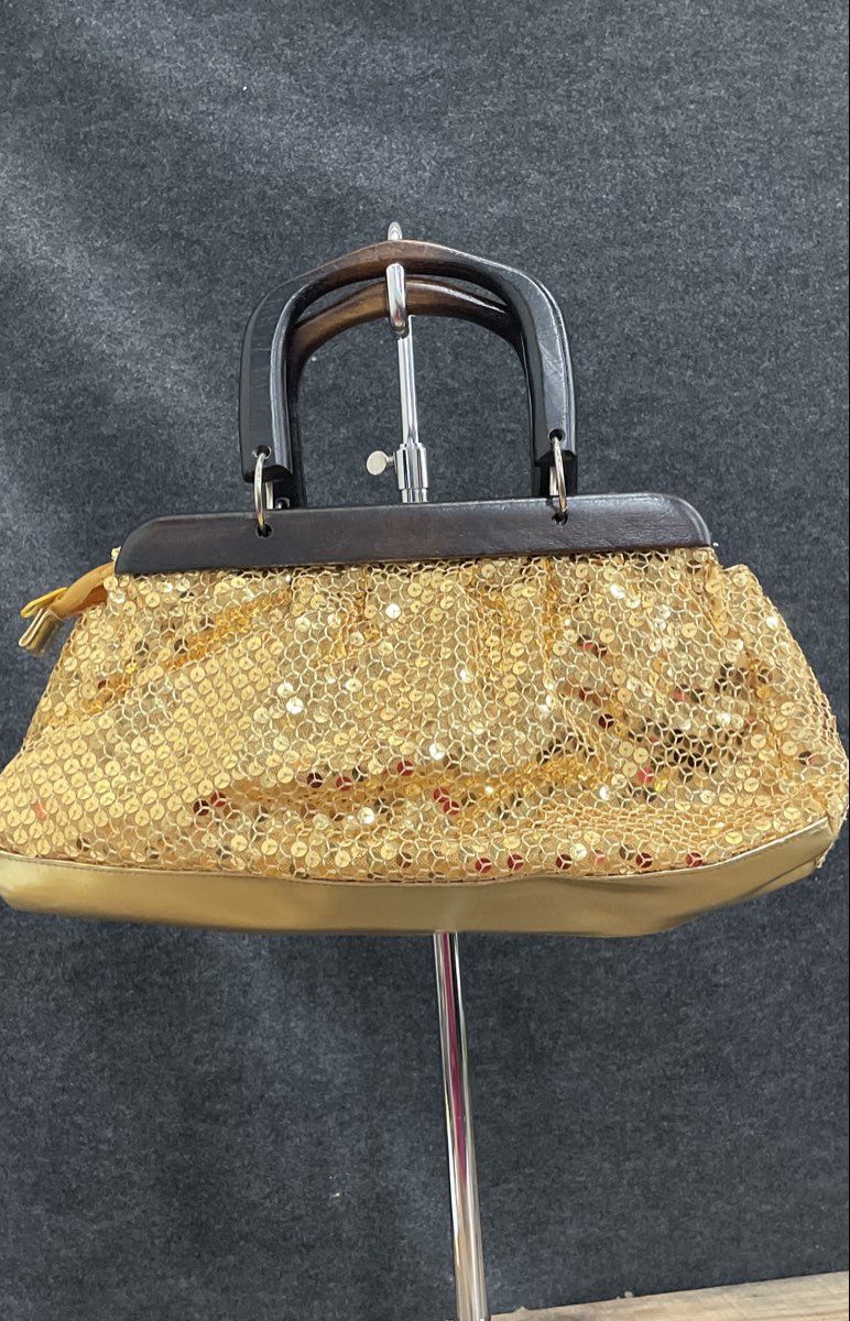 Unbranded Vintage Gold Sequin Bedazzled Purse Wood Handle Handbag