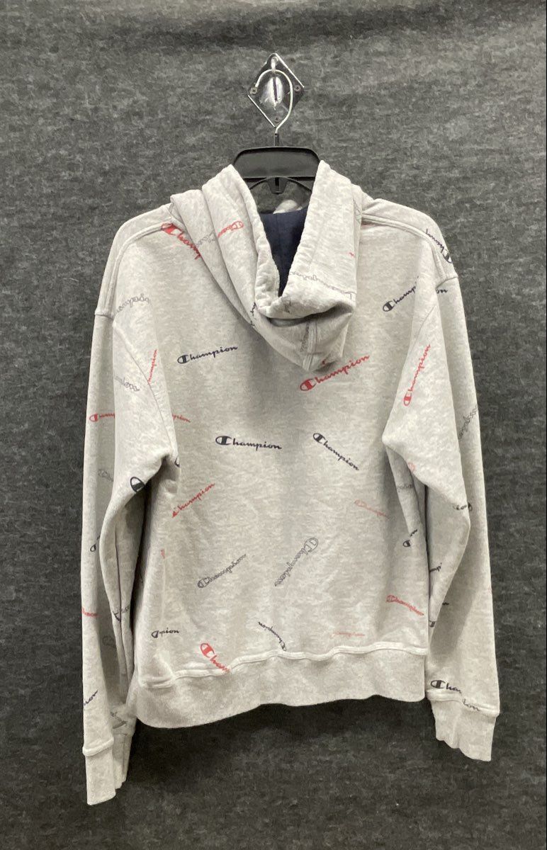 Champion Men's Hoodie Heather Grey All Over Script Logo Print Size M