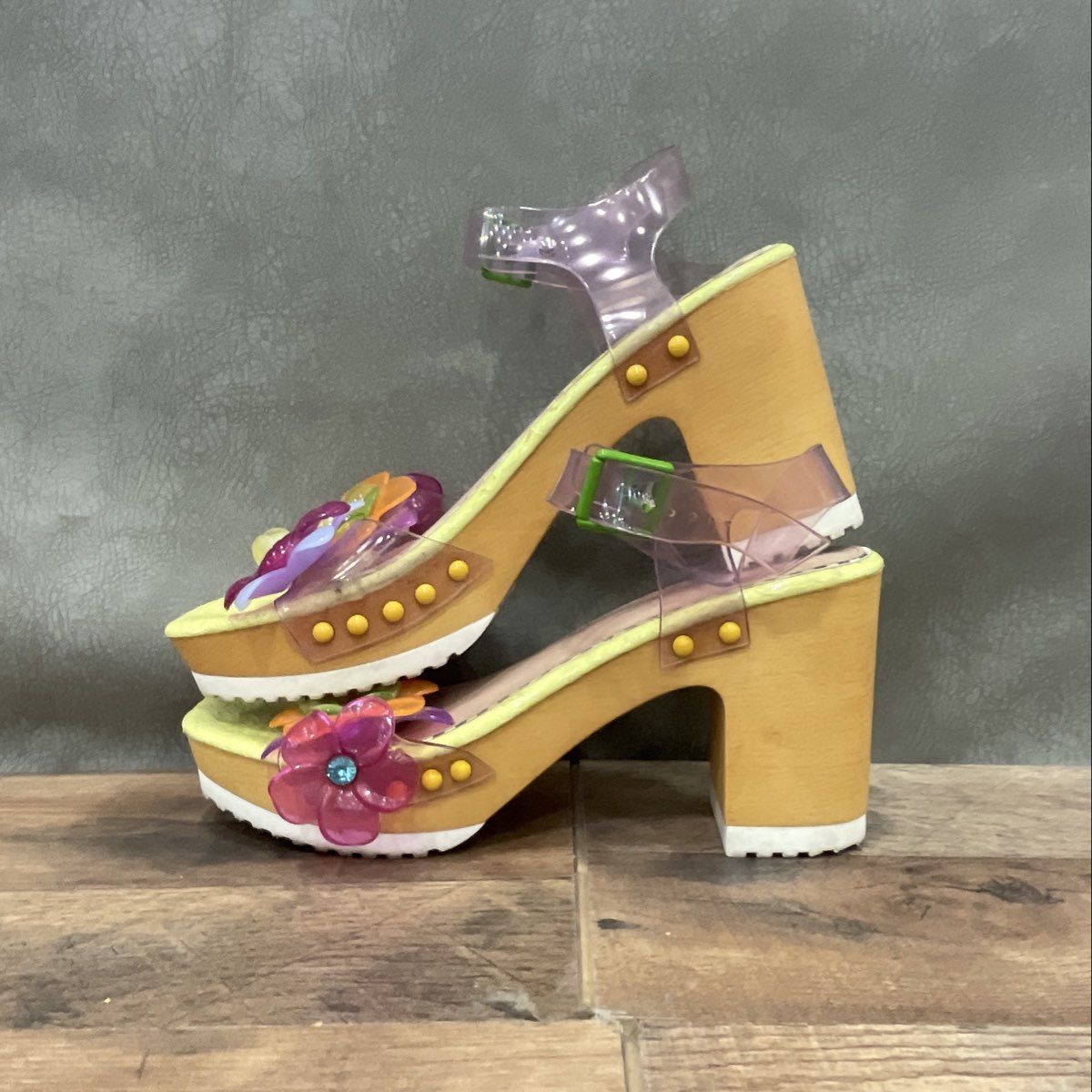Betsey Johnson Floryn Floral Clear Strappy Platform Clog Sandals Size 9