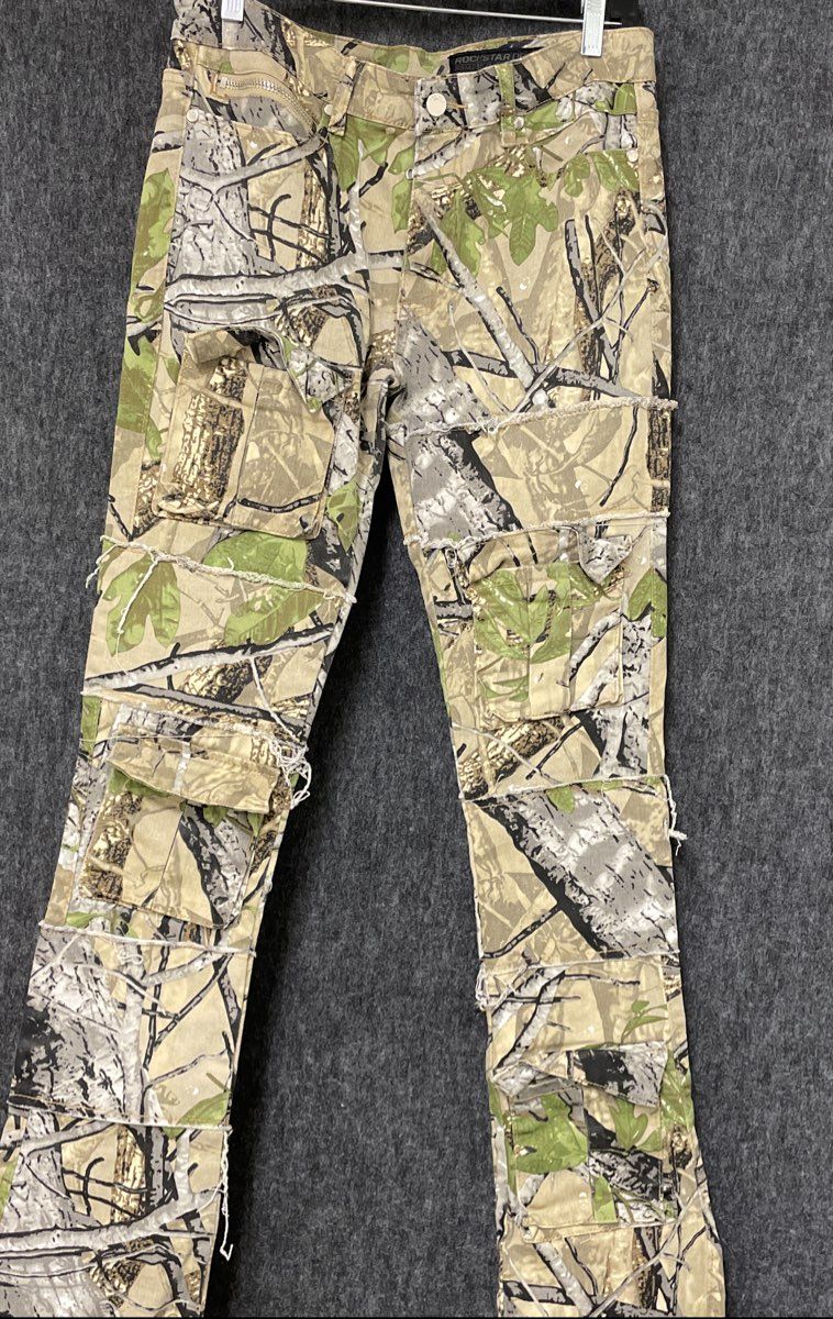 Rockstar Original Men's Camo Cargo Pants Distressed Stacked Real Tree Sz 34