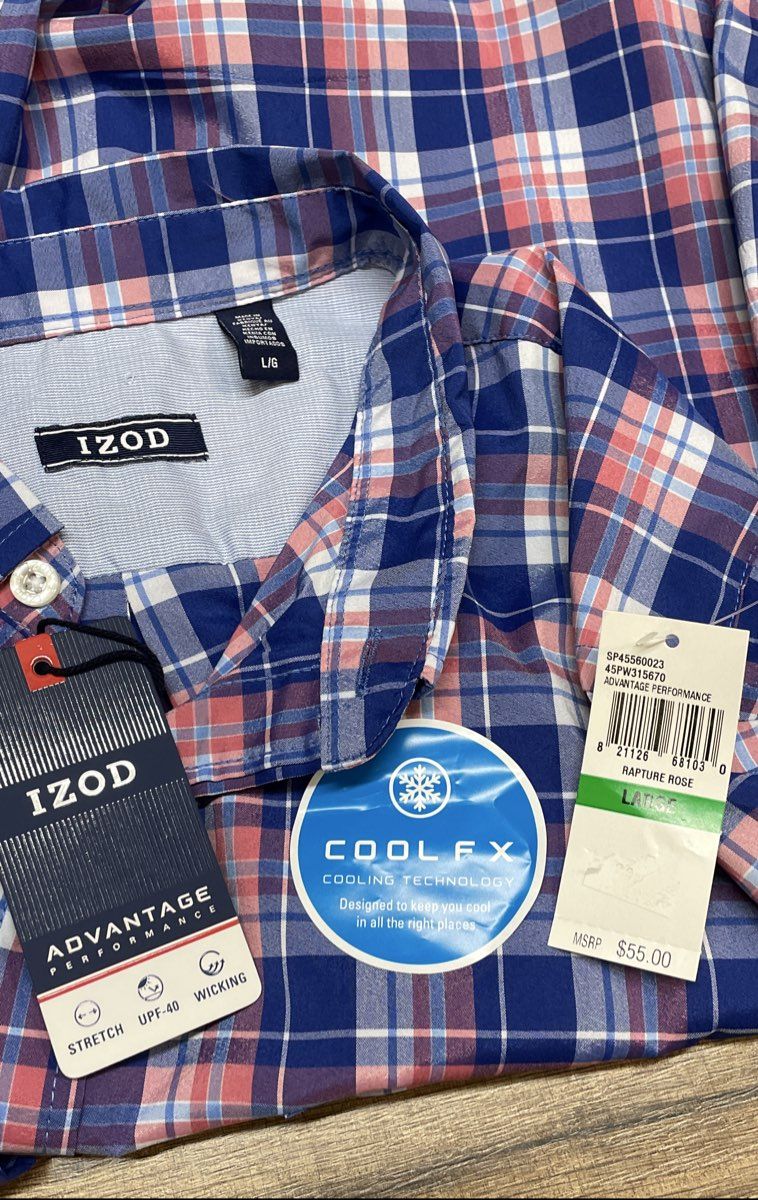 IZOD Men's Short Sleeve Plaid Shirt Rapture Rose Blue Cool FX Stretch NWT L