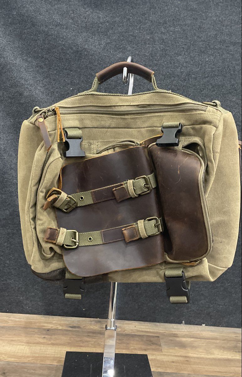 Green Canvas Leather Messenger Bag Laptop Briefcase Travel Multi-Pocket Large