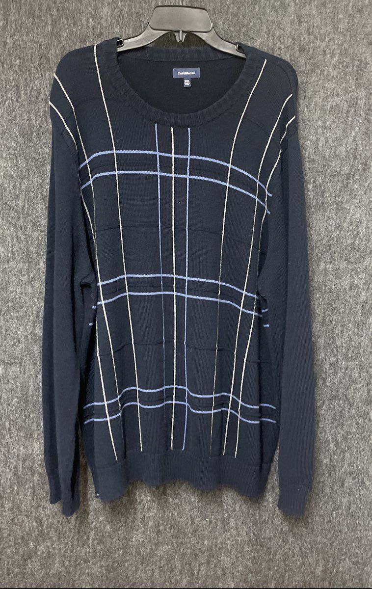 Croft & Barrow Men's Navy Blue Grid Plaid 100% Cotton Crewneck Sweater Size XXL