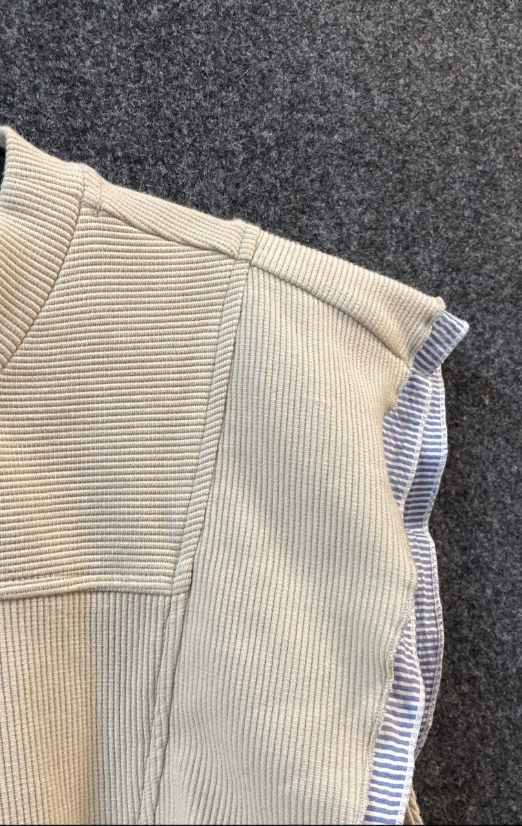 Anthropologie Women's Beige Ruffle Sleeveless Top Pinstripe Button Back Sz L