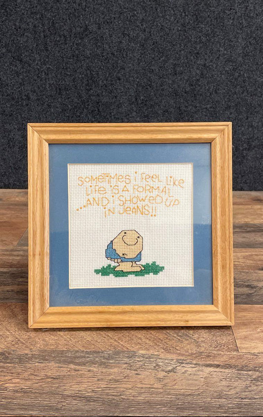 Framed Knit Square "Life is a Formal" Cartoon