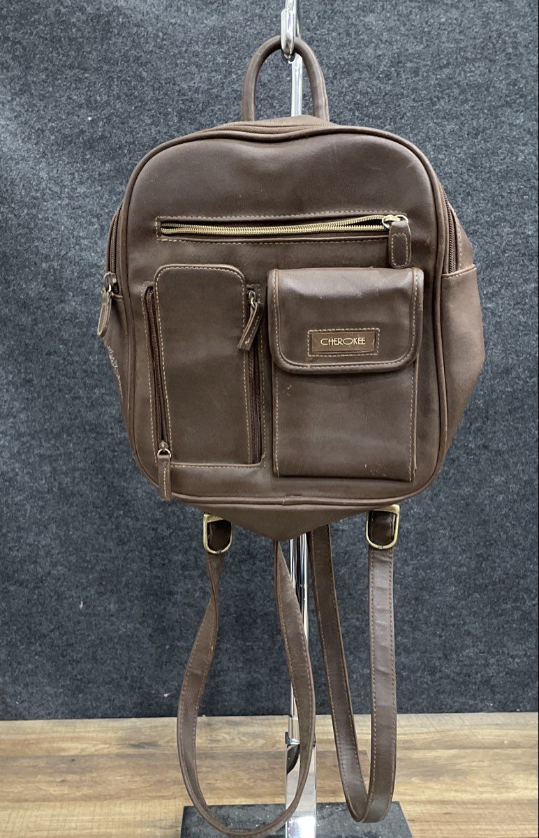 Vintage 90s Cherokee Brown Faux Leather Mini Backpack Multi-Pocket Rucksack