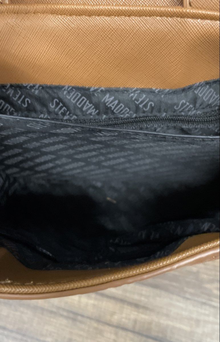 Steve Madden Tan Logo Embossed Saffiano Satchel Crossbody Bag Gold Hardware