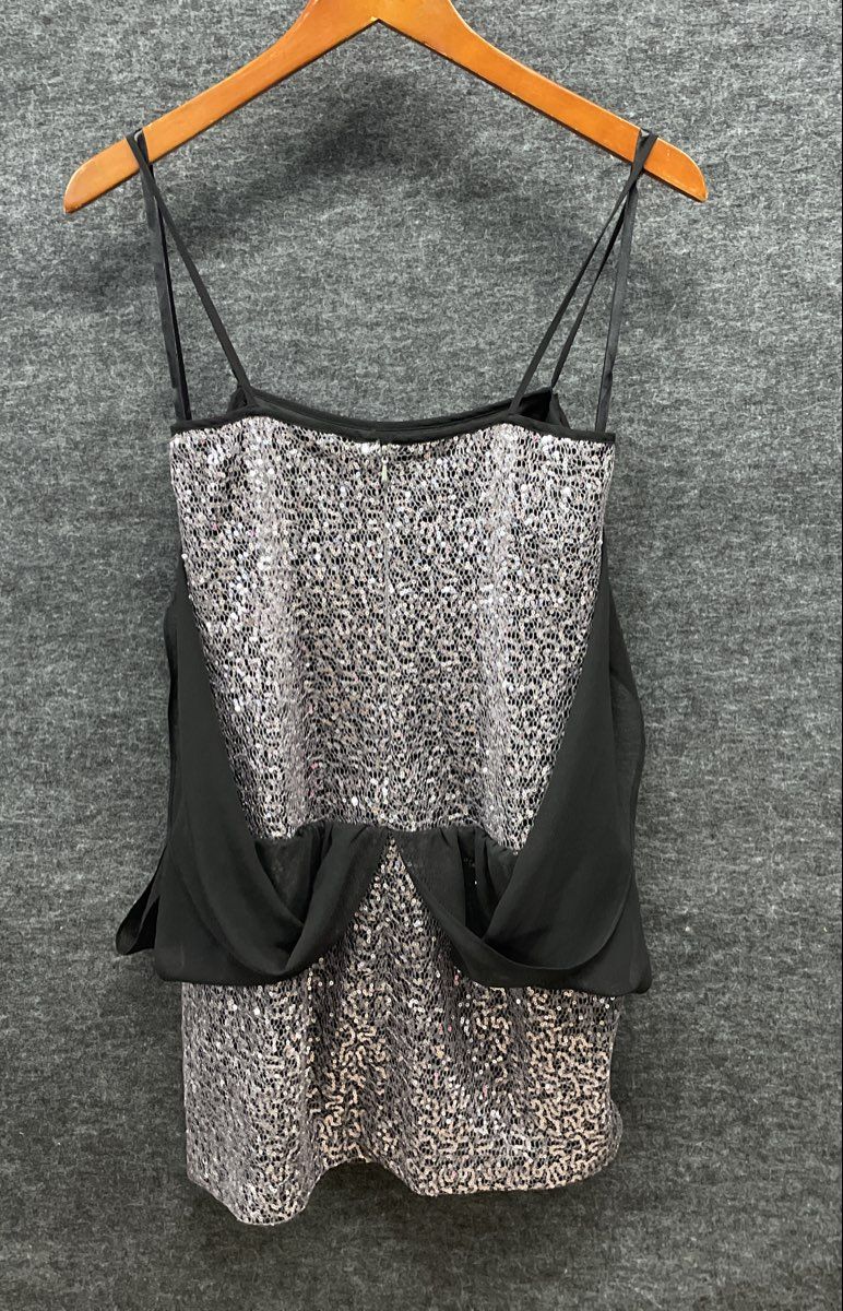 Hailey Logan Adrianna Papell Women's Black Sparkle Sequin Chiffon Dress Sz 3/4