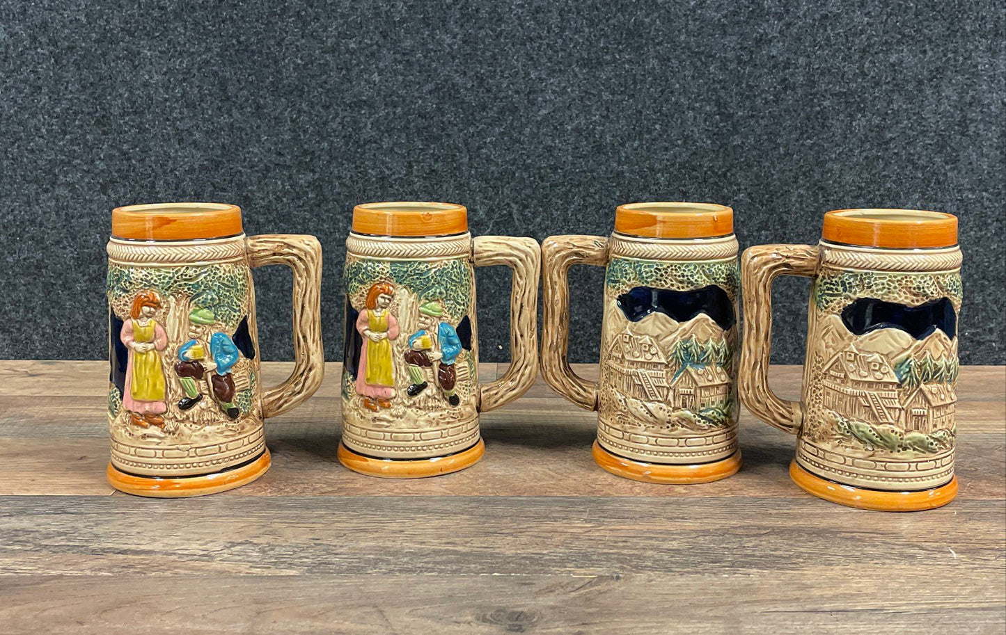 Vintage German Style Beer Mugs Steins Set of 4 Ceramic Relief Made in Japan