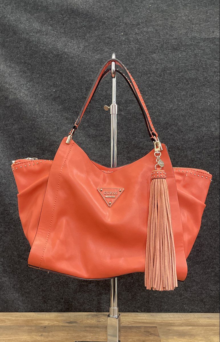 Guess Salmon Coral Studded Tassel Shoulder Bag Tote Silver Hardware