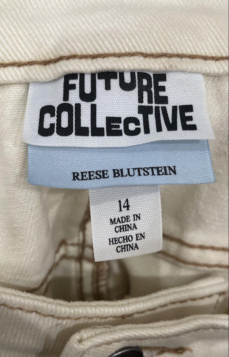 Future Collective Women's White Denim Skirt Reese Blutstein Raw Hem Sz 14