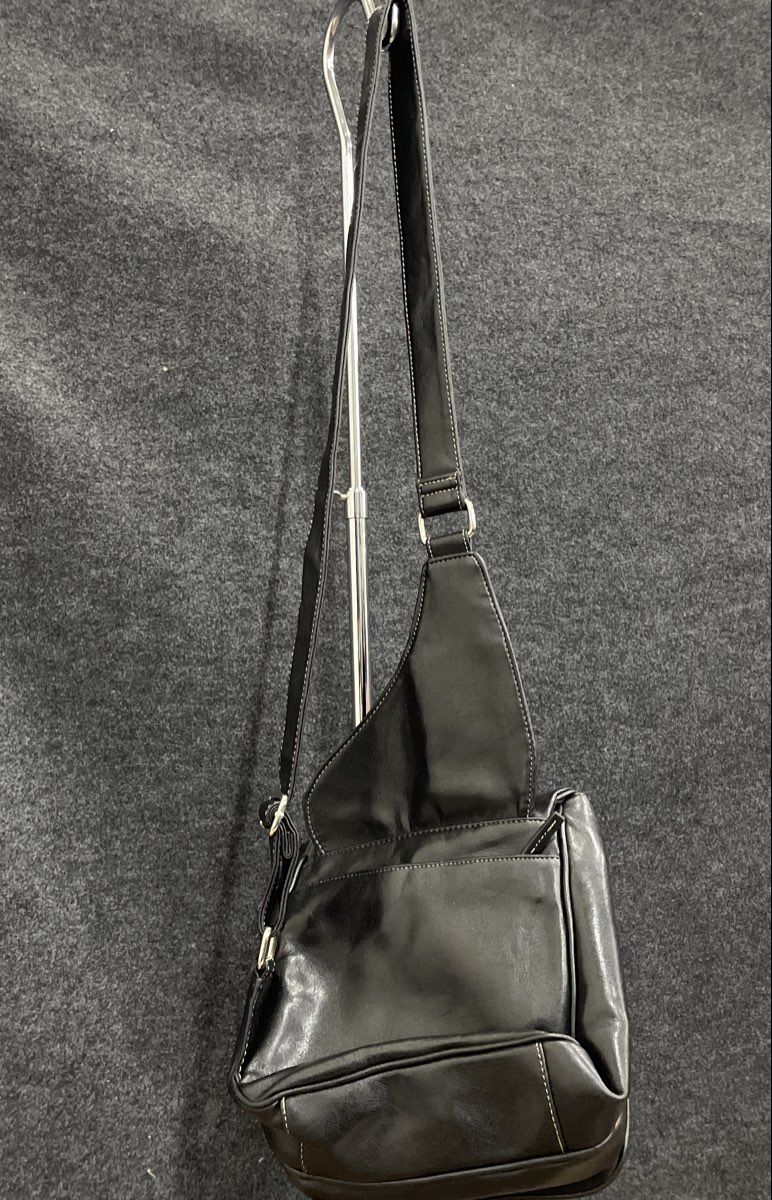 Black Leather Asymmetrical Sling Crossbody Bag Satchel Silver Hardware
