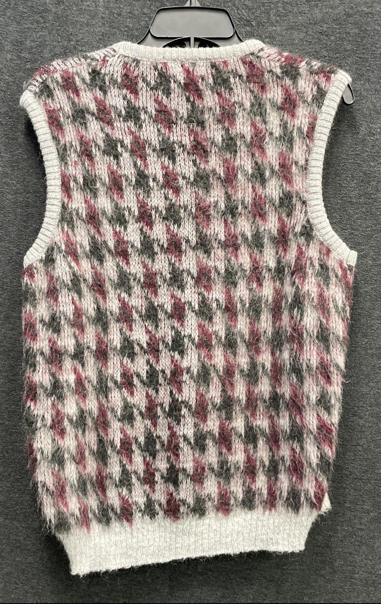 Vintage 70s Kings Road Men's Sweater Vest Gray Maroon Mohair Blend Fuzzy Sz M