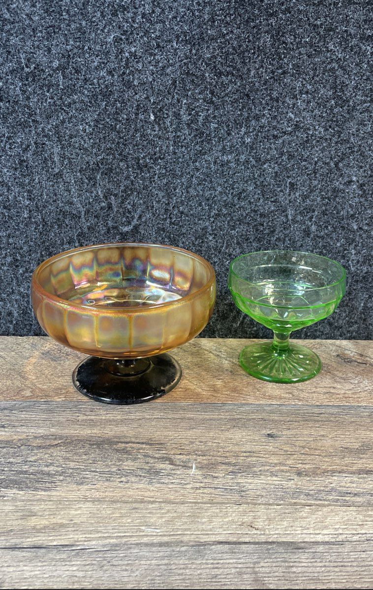 Carnival & Pressed Glass Marigold Green 2 Piece Lot Compote Sherbet Vintage