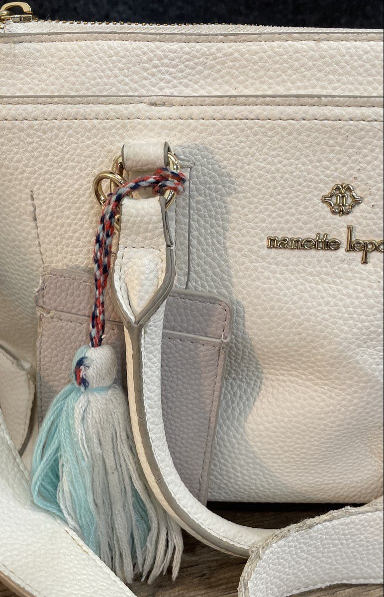 Nanette Lepore White Pebbled Satchel Crossbody Bag Removable Strap Tassel