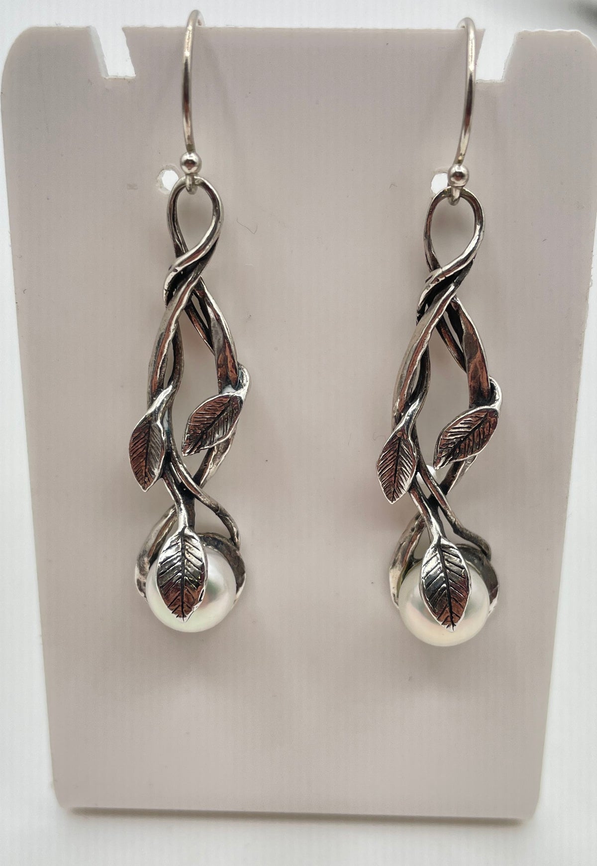925 Sterling Silver Faux Pearl Twisted Vine Drop Earrings 7.2g