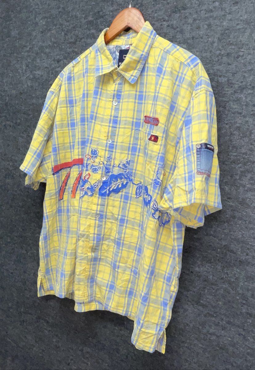 Vintage 90s Bugle Boy Men's Yellow Blue Plaid Graphic Button Down Shirt 2X