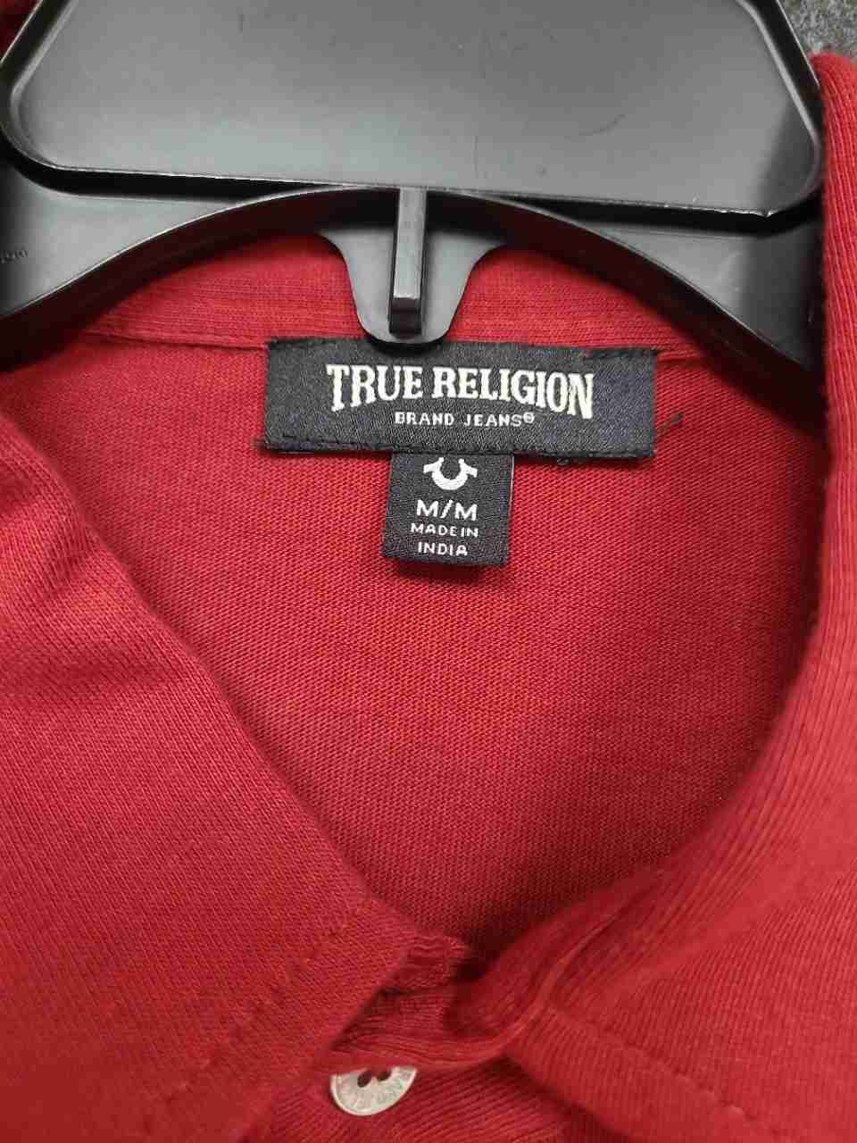 True Religion Men's Red Short Sleeve Cotton Button Down Logo Pocket Shirt Sz M