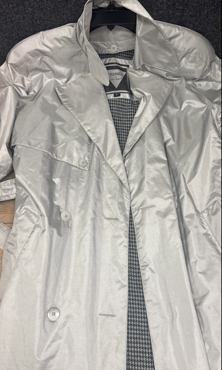 Vintage 80s Chiango by Fleet Street Silver Metallic Trench Coat Belted Sz 6