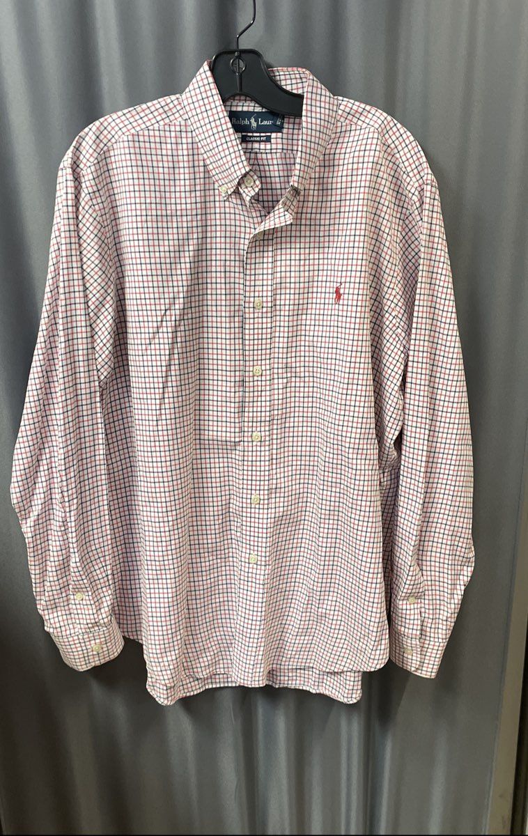 Ralph Lauren Men's Red Navy Blue Plaid Classic Fit Cotton Button Down Shirt Sz L