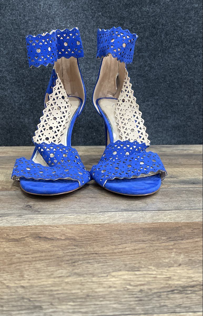 Jessica Simpson Blue Laser Cut Perforated Ankle Strap Stiletto Heels Size 8.5