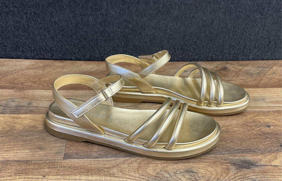 Anne Klein Ellen Metallic Gold Strappy iFlex Footbed Flat Sandals Size 8.5M