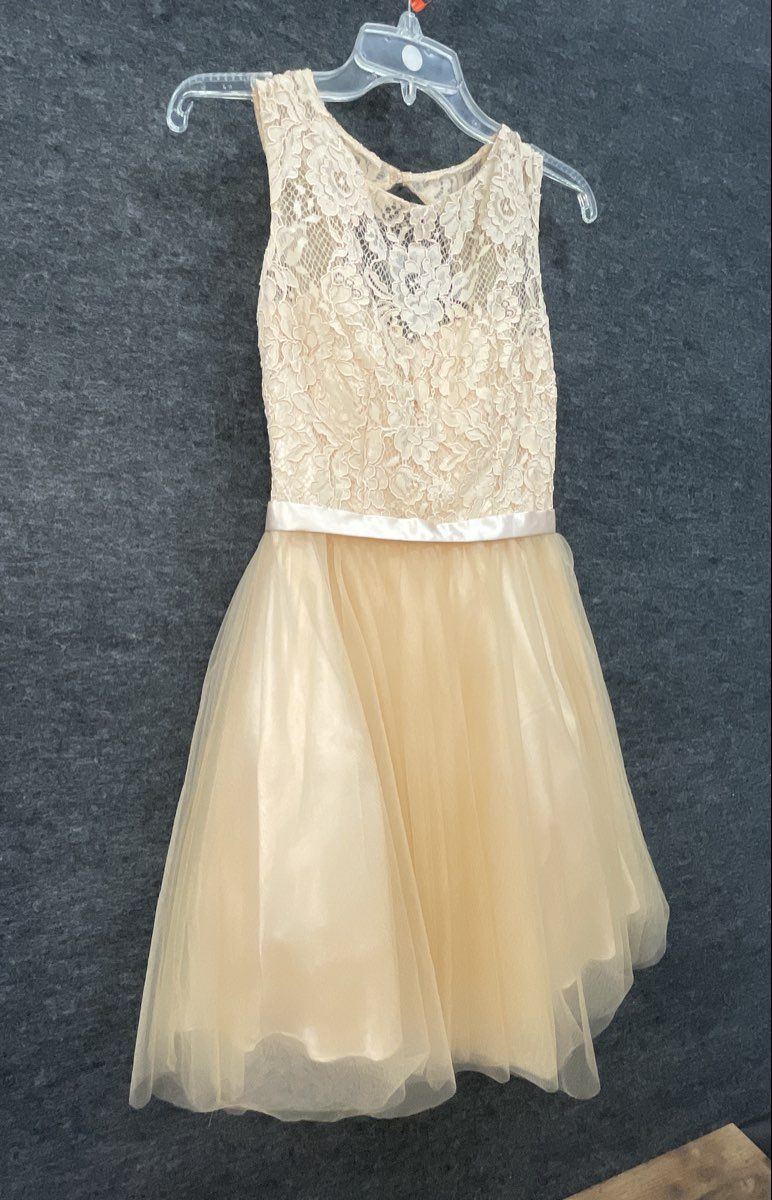 Women's Gold Champagne Lace Tulle Cocktail Prom Dress Lace Up Back Sz XS